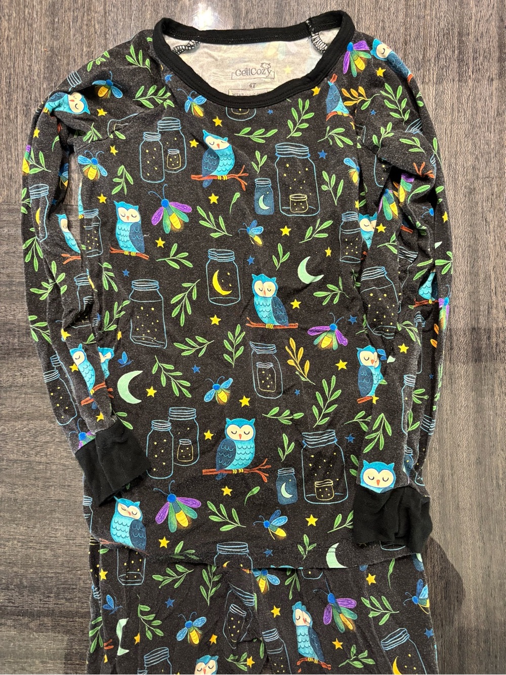 Cozy Owl/ firefly Print Pajama Set - Black with Teal & Yellow Accents bamboo